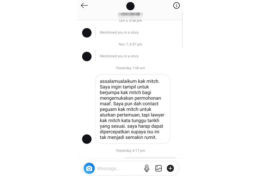 Lelaki tersebut telah menghubungi Misha Omar melalui instagram