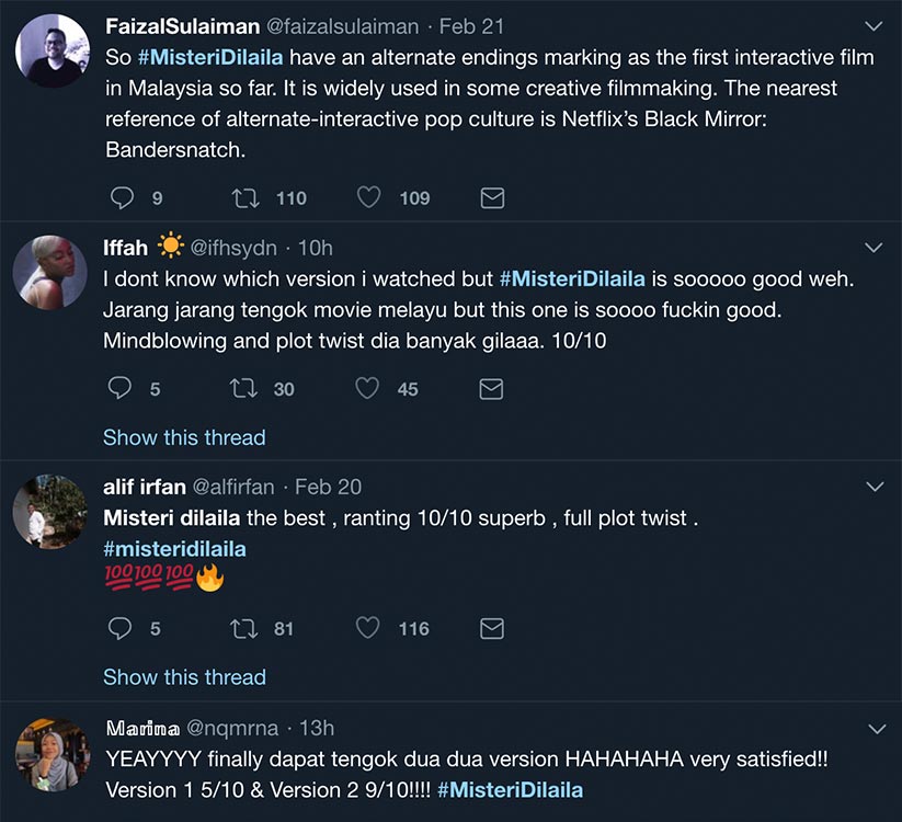 Antara reaksi dan rating filem yang diberi netizen di Twitter selepas selesai menonton filem Misteri Dilaila.