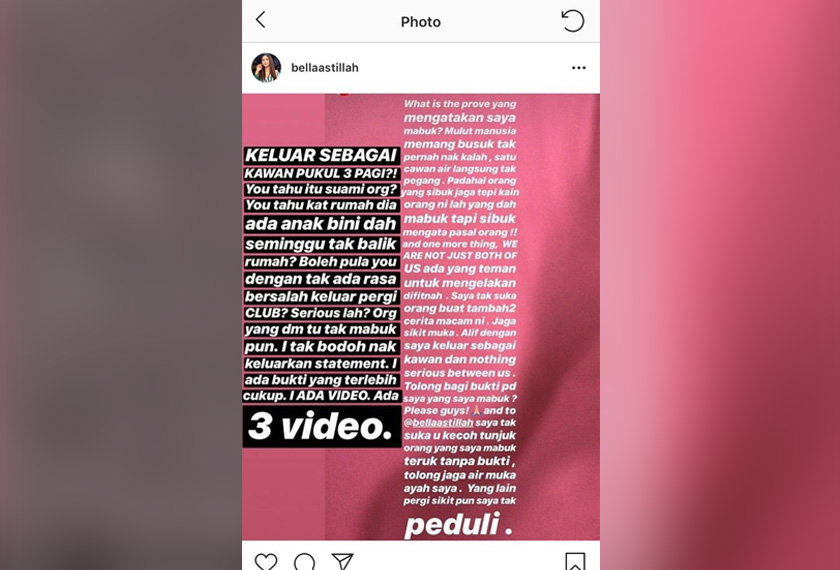 ENTRI yang dimuat naik oleh Bella Astilah di Instagramnya mengenai kecurangan suaminya, Aliff Aziz.