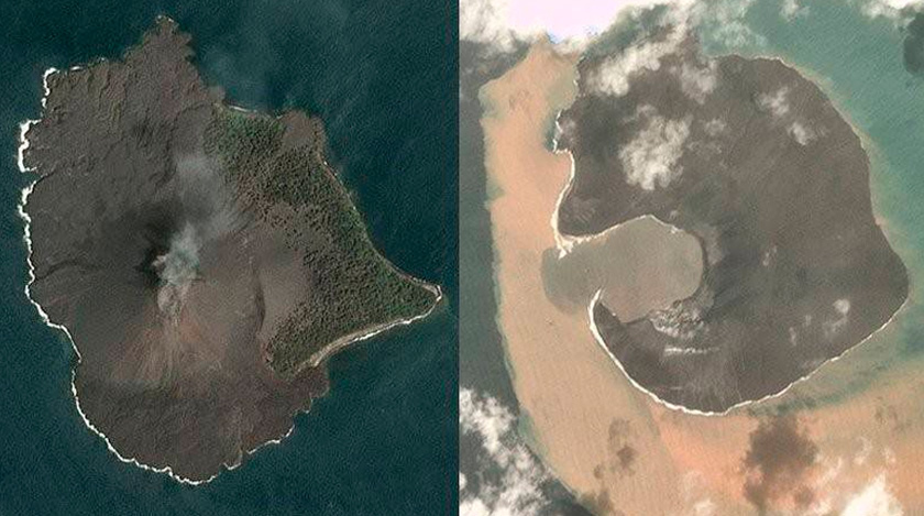Anak Krakatau yang diambil pada 17 Disember menunjukkan keadaan gunung berapi itu sebelum ia meletus beberapa hari kemudian. Gambar kanan: Gunung berapi tersebut kehilangan dua pertiga daripada ketinggiannya. - Foto Planet Labs