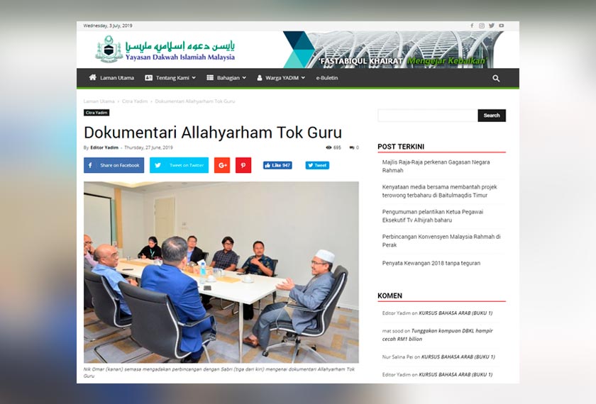 Laman web Yadim memuatkan laporan mengenai penerbitan dokumentari Allahyarham Nik Aziz Nik Mat.