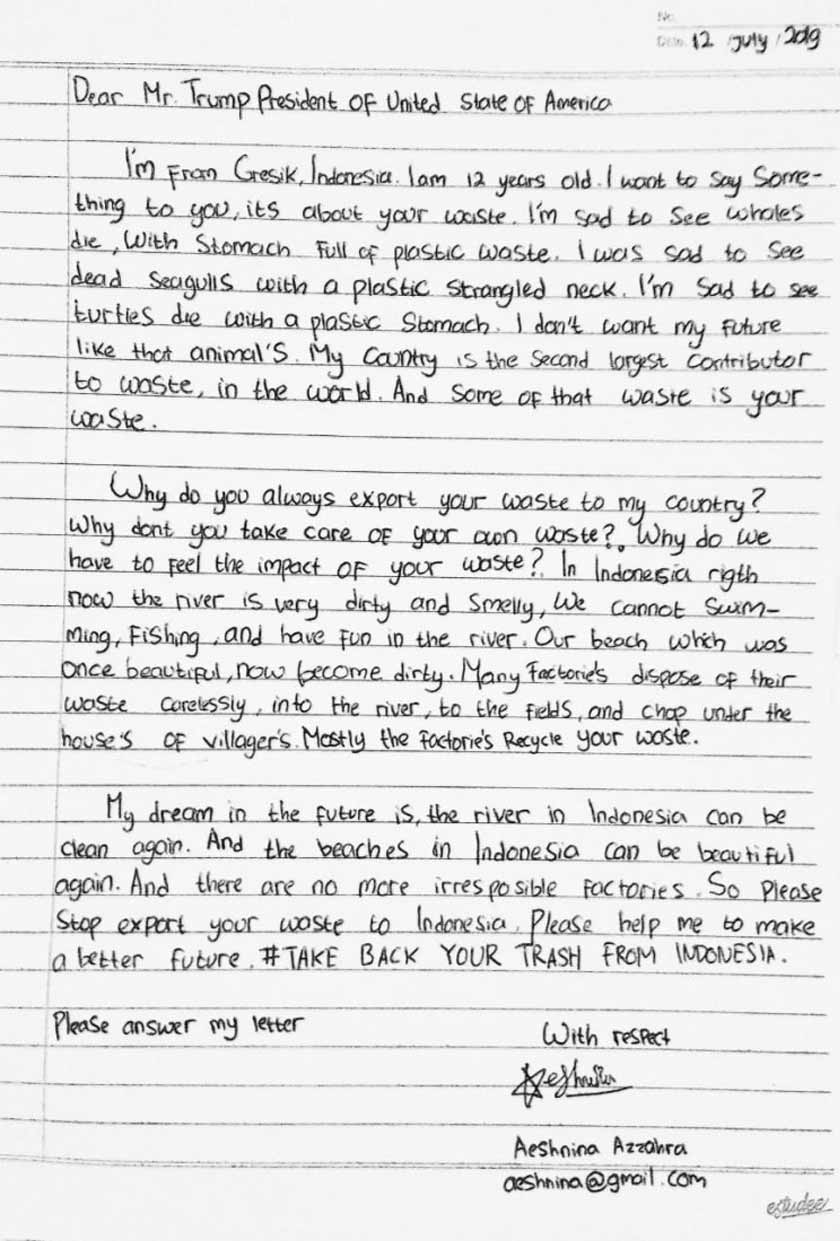 Surat yang ditulis oleh seorang remaja, Aeshnina kepada Trump.