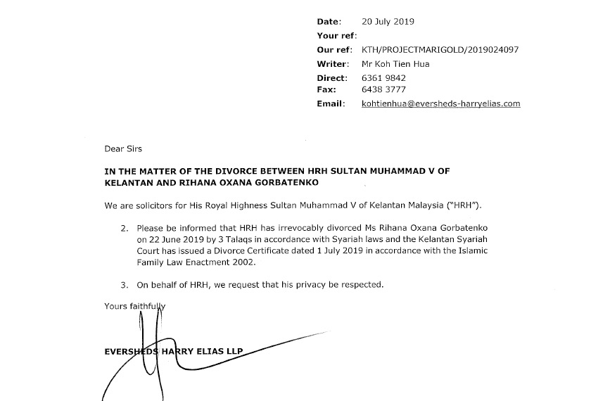 Menurut Tien Hua, firma guaman Eversheds Harry Elias LLP yang berpangkalan di Singapura itu sudah menghantar surat cerai talak tiga terbabit kepada pihak peguam Oksana.