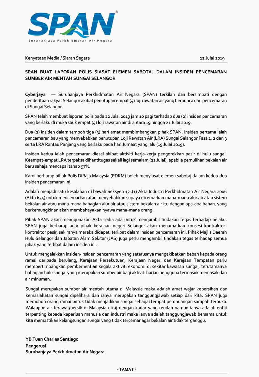Kenyataan media yang dikeluarkan Suruhanjaya Perkhidmatan Air Negara berhubung laporan polis yang dibuat bagi meminta pihak berkuasa menyiasat elemen disabotaj.