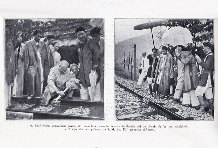 Gabenor-General René Robin dan Maharaja Ba Da’i ketika trek kereta api Transindochinois terakhir dipasang pada 2 September 1936. Foto saigoneer.com