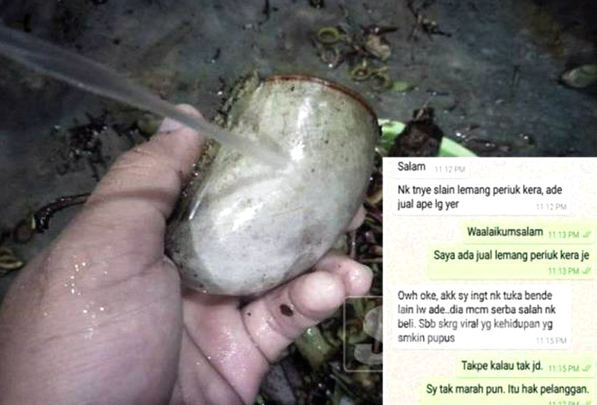 Proses membasuh kelongsong periuk kera dilakukan beberapa kali sehingga bersih. (Gambar kecil: Antara perbualan pelanggan yang terkesan dengan artikel viral.)