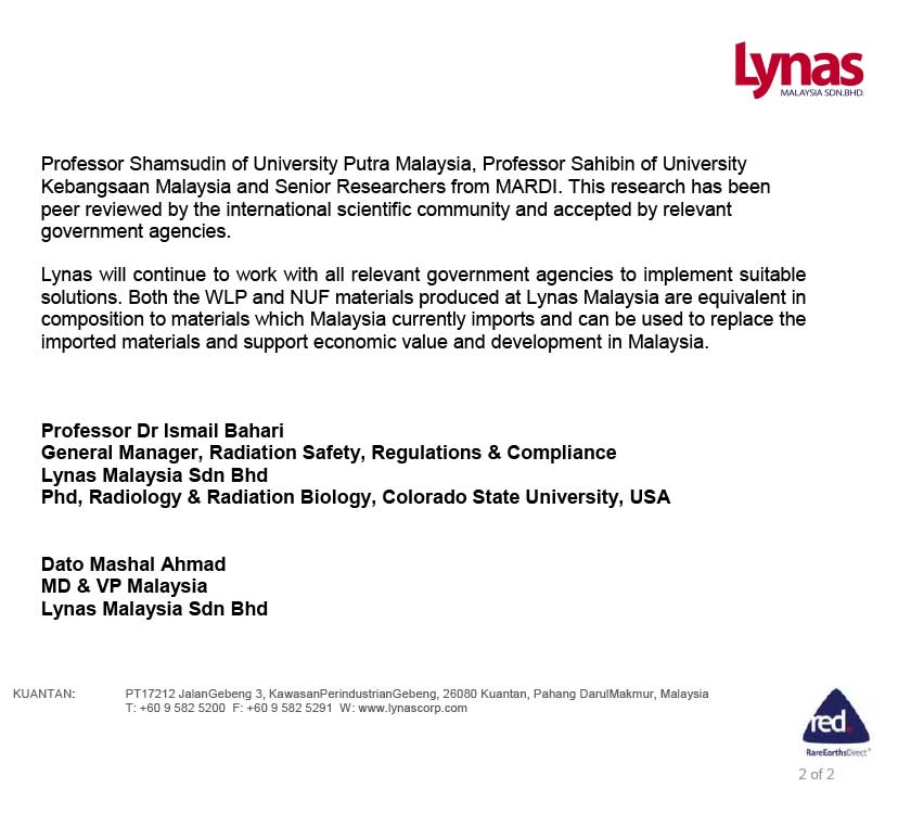 Kenyataan media Lynas Malaysia