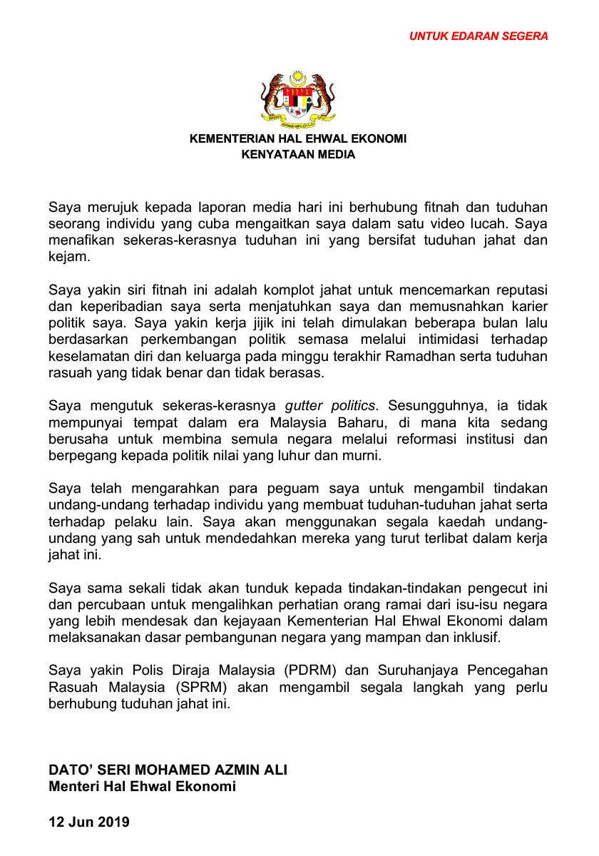 Kenyataan media Datuk Seri Mohamed Azmin Ali berhubung fitnah yang mengaitkan beliau dalam satu video lucah