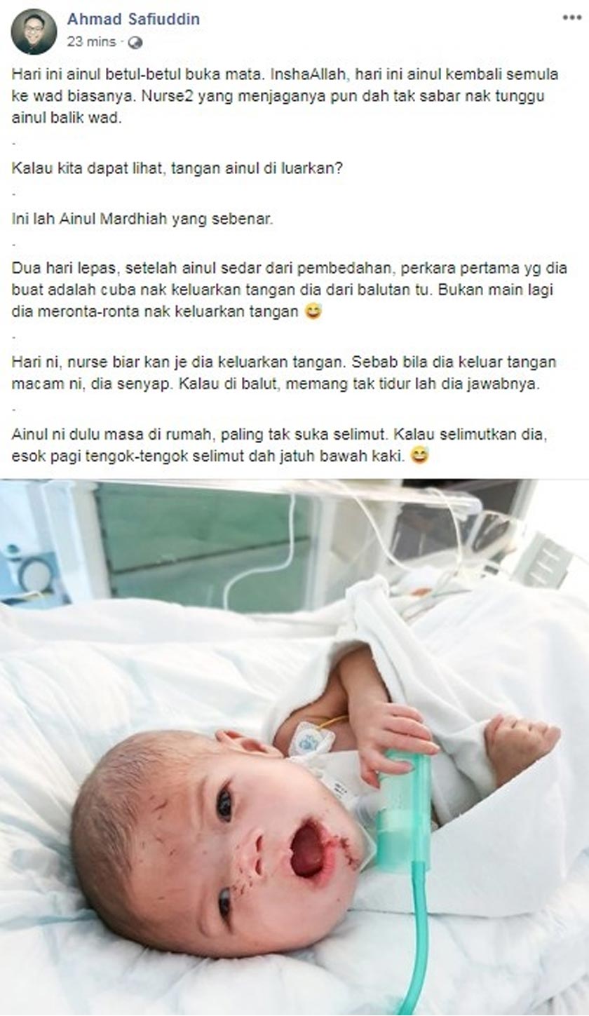 Entri terkini keadaan Ainul oleh bapanya, Ahmad Safiuddin di laman Facebook peribadinya.