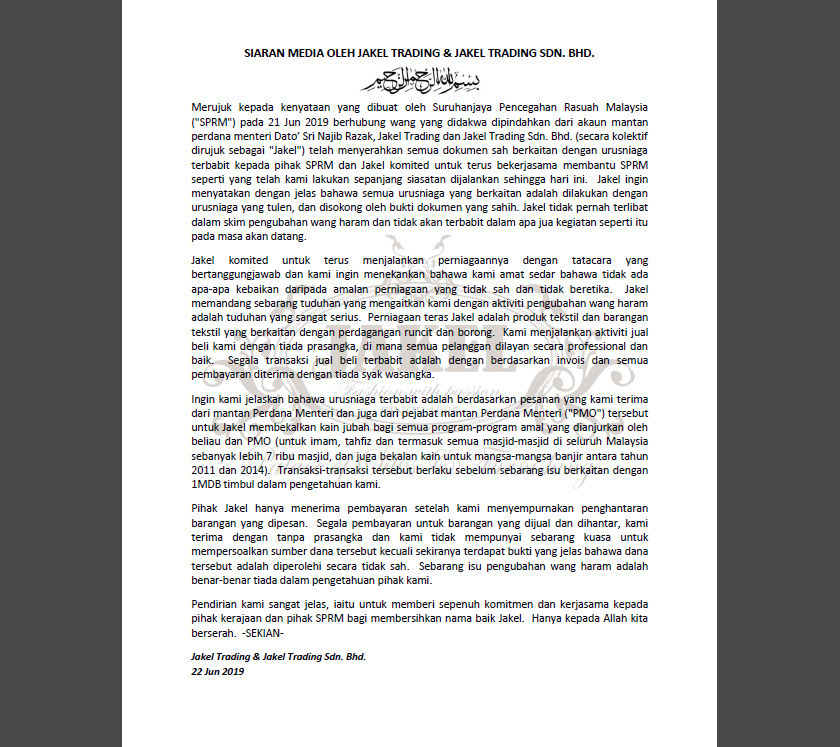 Kenyataan Media Jakel dan Jakel Trading pada Sabtu