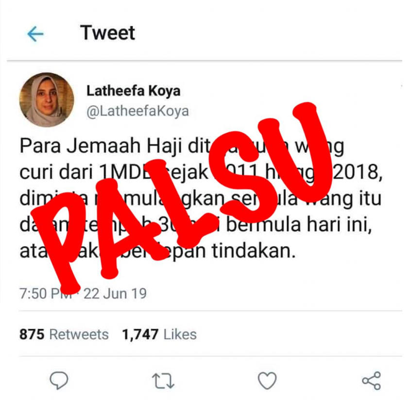 Arahan Jemaah Haji pulangkan semula wang tajaan adalah palsu