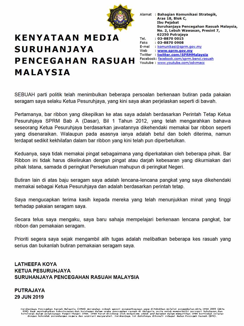 Kenyataan media Latheefa Koya berhubung isu pakaian seragamnya