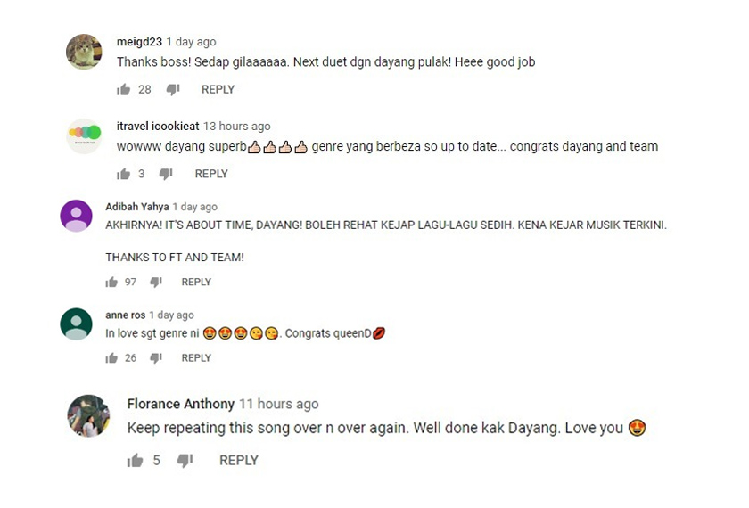 Antara reaksi daripada peminat selepas mendengar single terbaharu Dayang Nurfaizah