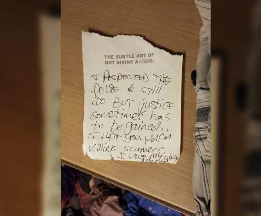 Nota tulisan tangan yang ditemui bersama mayat mangsa.