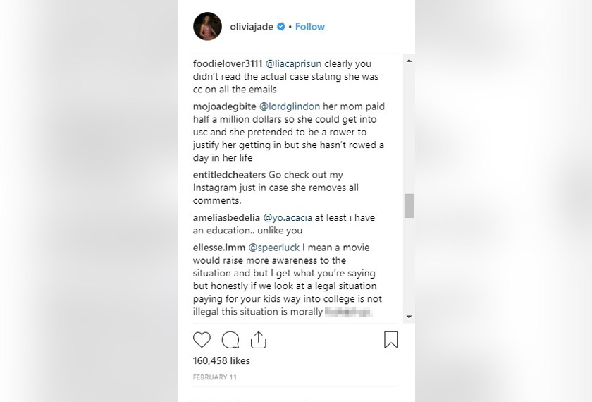 Olivia Jade menerima kecaman daripada netizen berkaitan dengan penerimaannya di USC.