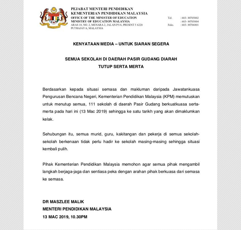 Kenyataan media Menteri Pendidikan Dr Maszlee Malik.
