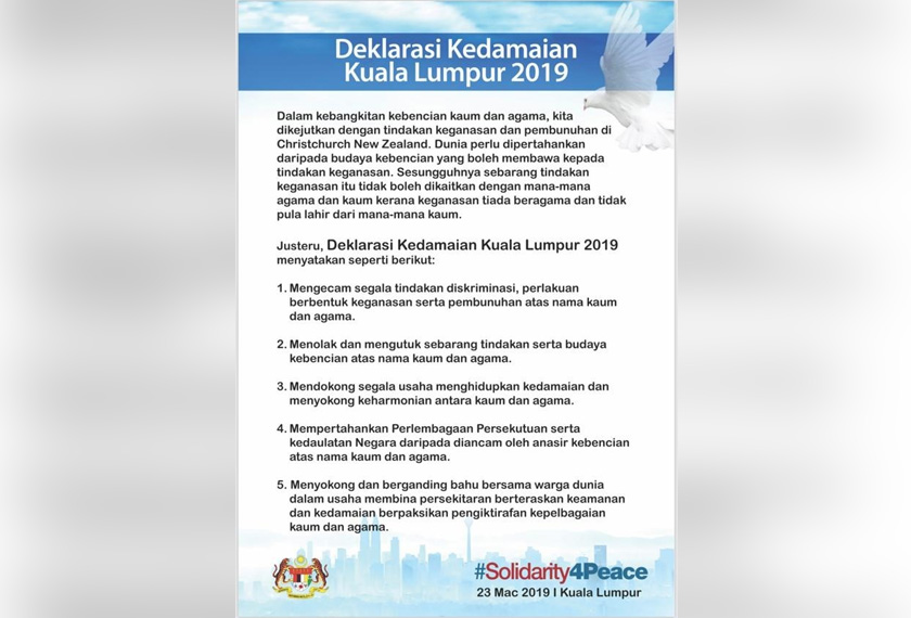 Ini 5 Deklarasi Kedamaian Kuala Lumpur 2019