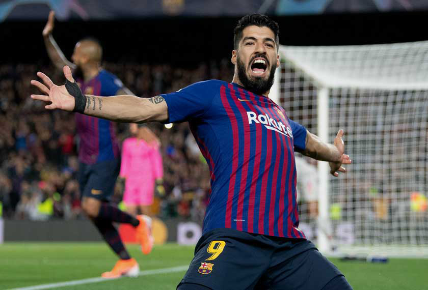 Luis Suarez meraikan gol pertama yang dijaringkannya di Nou Camp ke atas Liverpool minggu lepas.