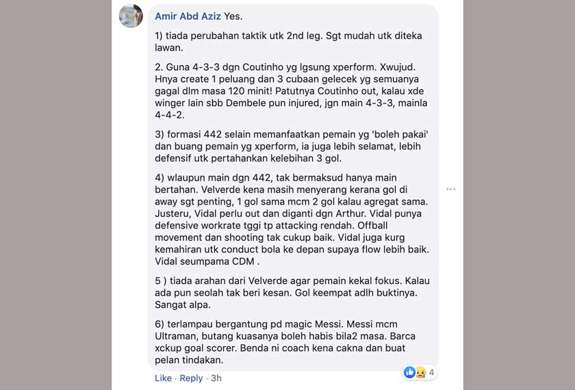 Komen penyokong Barcelona di Facebook Kelab Penyokong Barcelona Malaysia.