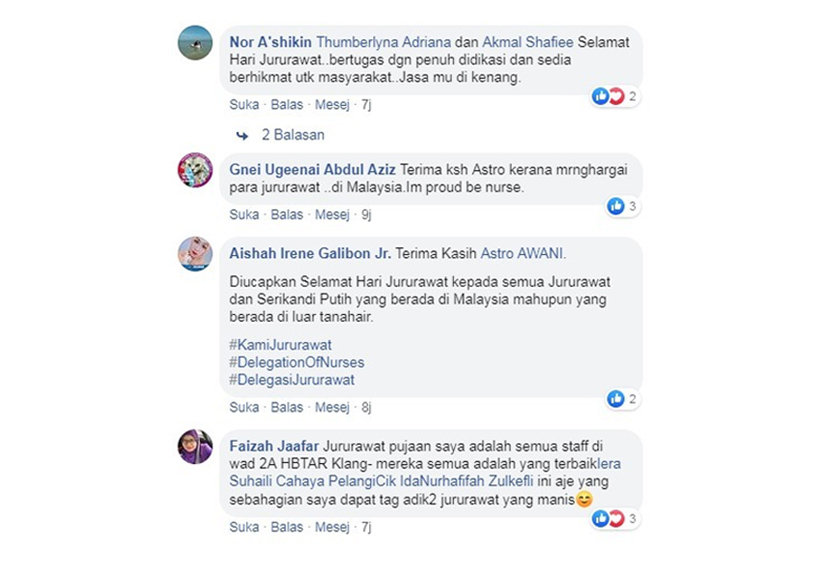 Komen yang dimuat naik beberapa jururawat sempena Hari Jururawat Sedunia