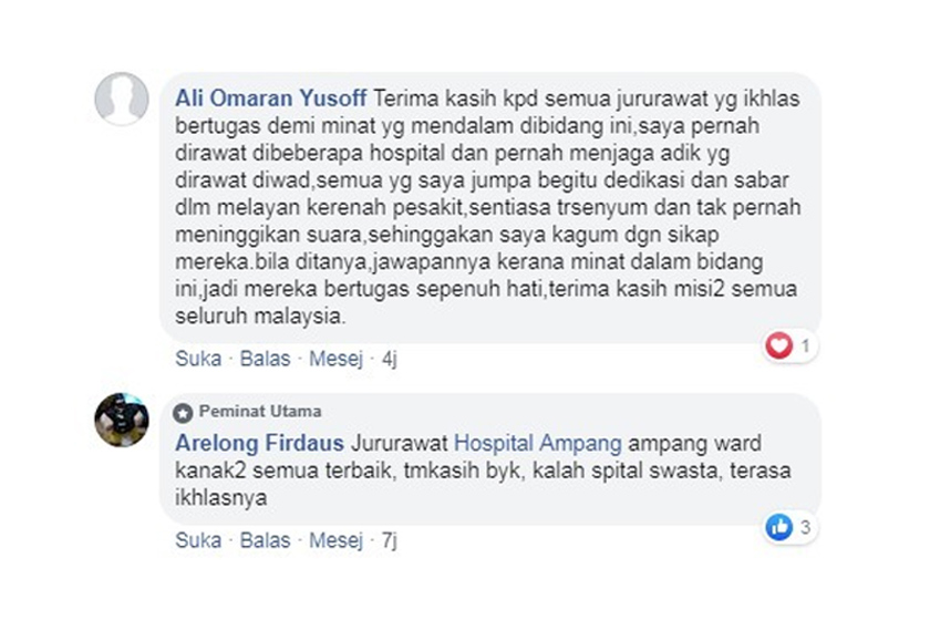 Ucapan penhargaan oleh orang ramai bersempena Hari Jururawat Sedunia