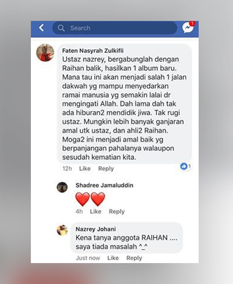 Nazrey menjawab soalan peminat yang mencadangkan dia kembali bersama Raihan.