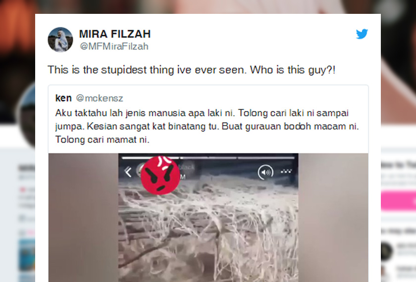Tweet oleh Mira Filzah mengutuk tindakan lelaki itu.