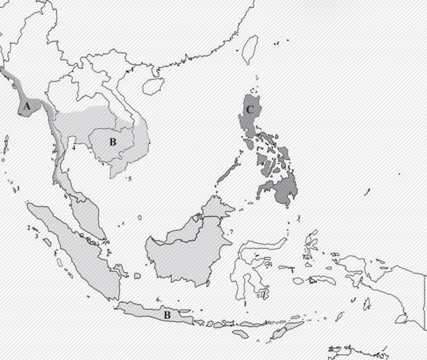 Peta taburan spesies Kera yang merupakan antara haiwan primat yang paling berjaya di dunia kerana menguasai hampir keseluruhan kawasan Asia Tenggara (Diadaptasi dari Gumert et al. 2011) 