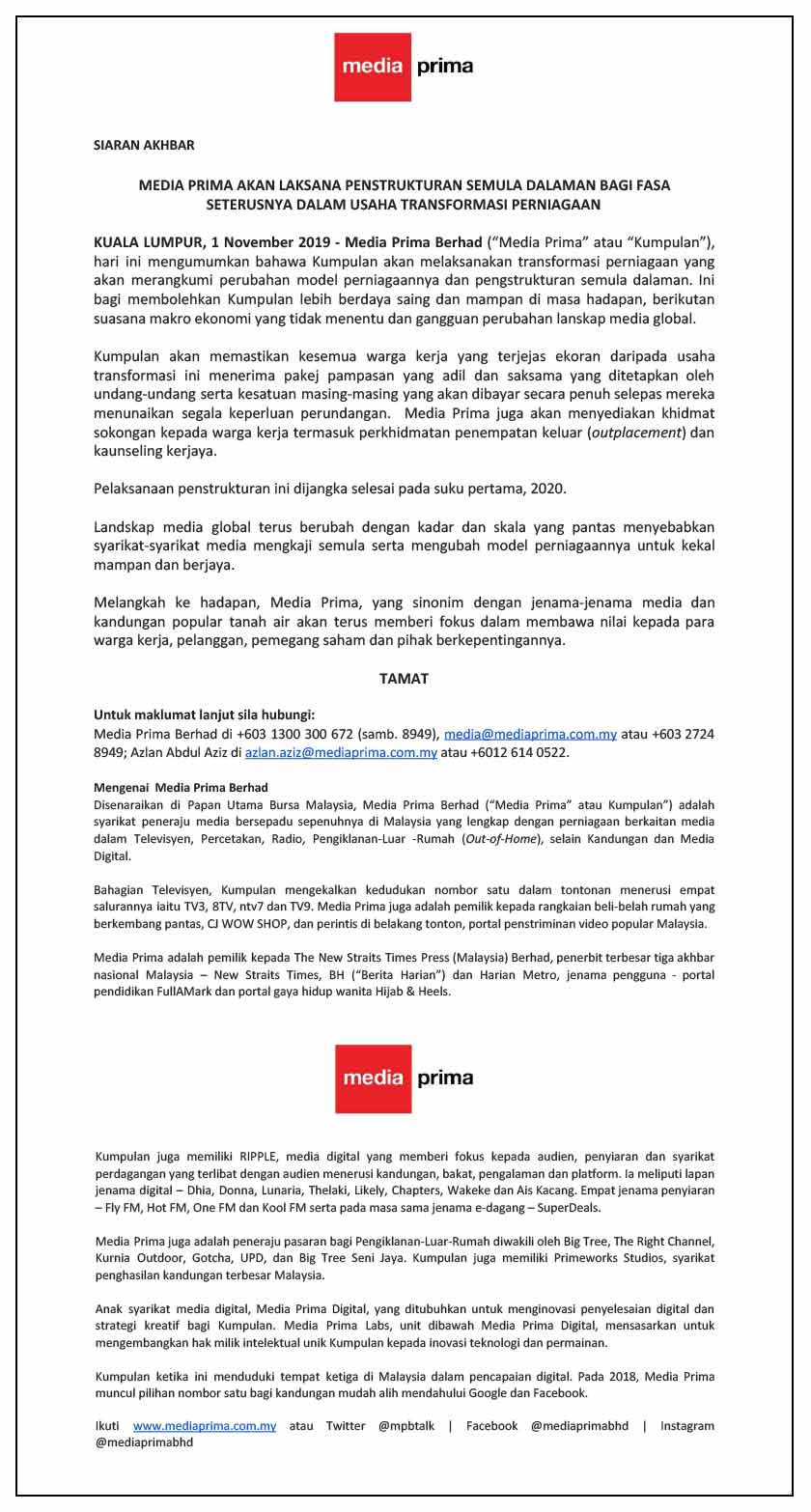 Kenyataan media penuh Media Prima