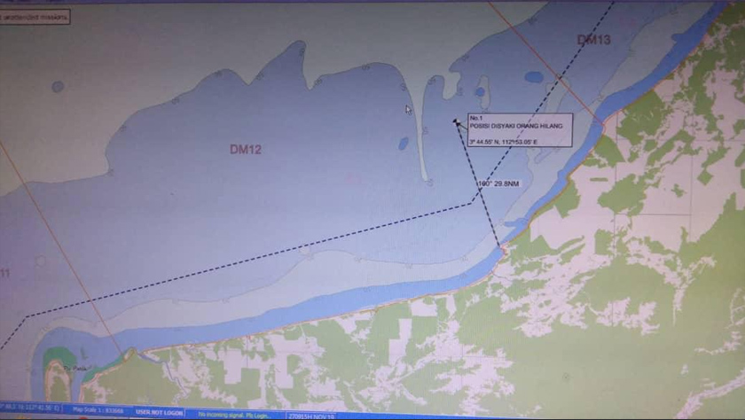 Peta menunjukkan lokasi tiga nelayan yang dilaporkan hilang ketika memancing di perairan Beting Nyabau dan Beting Kidurong di Bintulu sejak Selasa. Ihsan Maritim Malaysia Bintulu