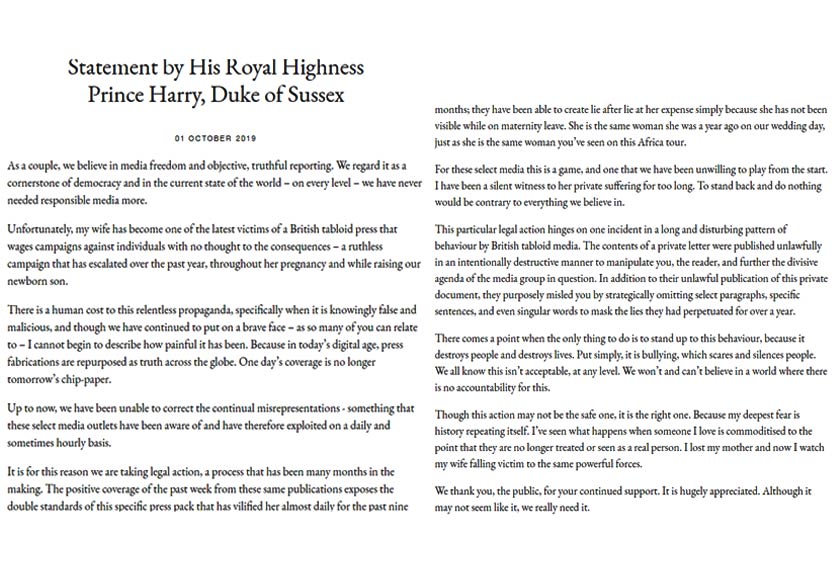 Putera Harry dalam satu kenyataan pada Selasa berkata prosising perundangan itu diambil susulan tindakan 'buli' oleh syarikat tabloid itu terhadap isterinya.