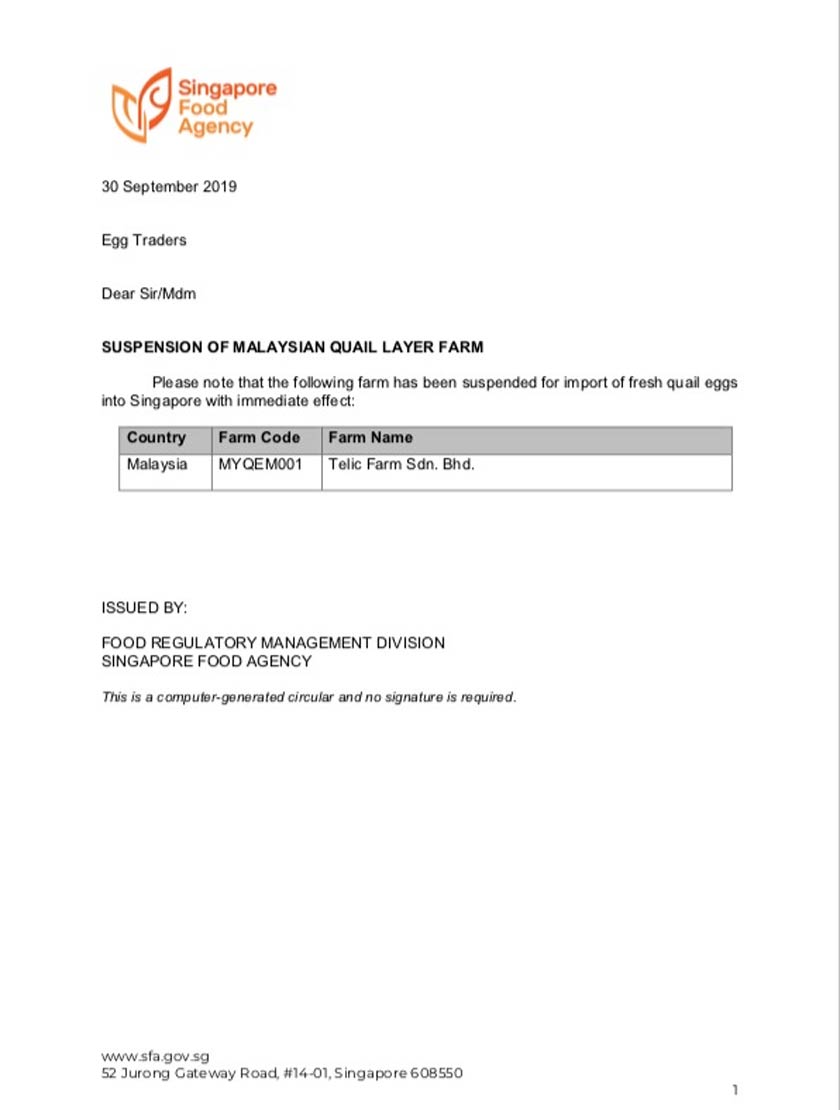  Pekeliling berkenan penggantungan tersebut sudah dipaparkan pada pada laman web SFA pada Isnin lalu, menurut laporan Channel News Asia.