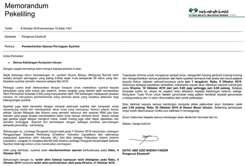 Pekeliling daripada pengerusi eksekutif Utusan kepada semua staf.