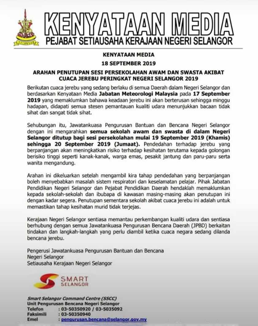 Kenyataan media yang dikeluarkan Pengerusi Jawatankuasa Pengurusan Bantuan dan Bencana Negeri Selangor