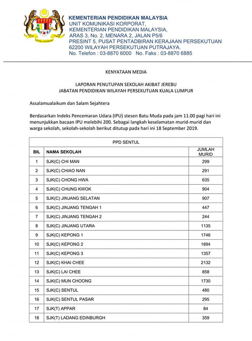 Kenyataan media penutupan sekolah oleh Jabatan Pendidikan Wilayah Persekutuan Kuala Lumpur