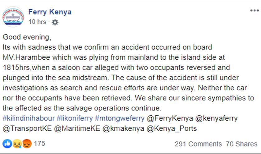 Kenyataan Perkhidmatan Feri Kenya berhubung kejadian.
