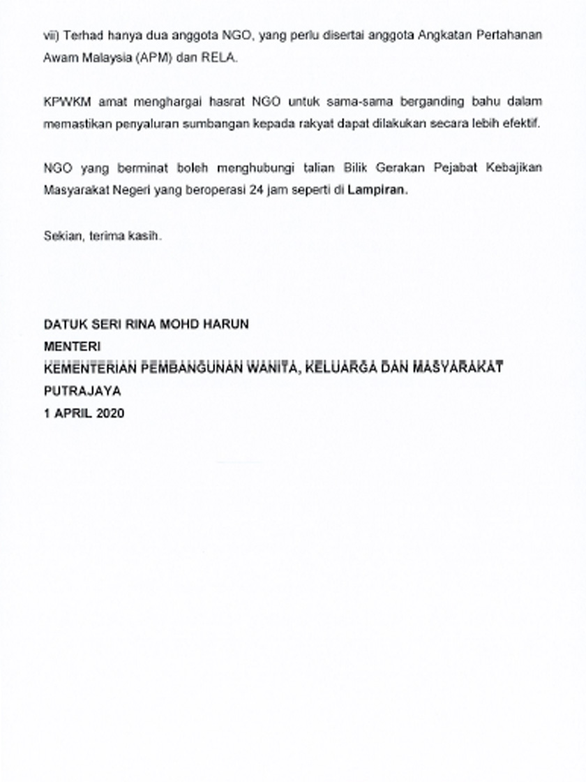  NGO terlibat mestilah berorientasikan kebajikan dan perlu menghubungi Bilik Gerakan JKM Negeri sehari sebelum aktiviti penyaluran sumbangan.