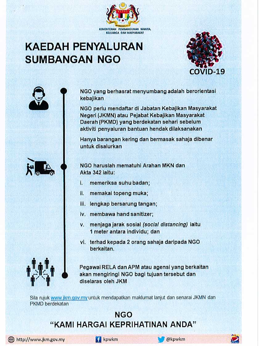  NGO terlibat mestilah berorientasikan kebajikan dan perlu menghubungi Bilik Gerakan JKM Negeri sehari sebelum aktiviti penyaluran sumbangan.