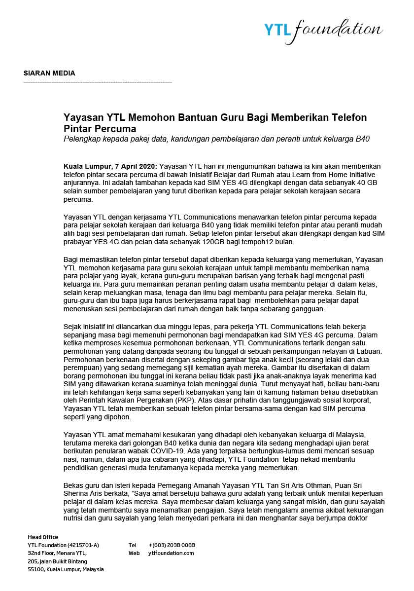 Yayasan YTL memberi sumbangan telefon pintar percuma kepada pelajar daripada keluarga berpendapatan rendah (B40)