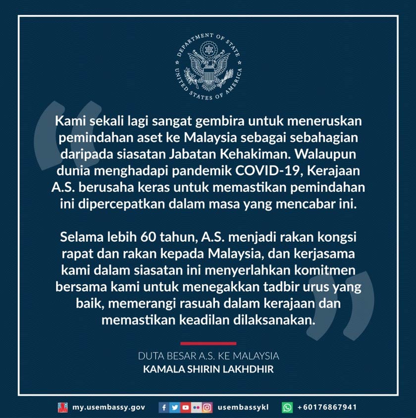 Duta Besar AS ke Malaysia, Kamala Shirin Lakhdhir memuat naik status berkenaan di laman Facebook Kedutaan AS di Kuala Lumpur. - Foto Facebook/U.S. Embassy Kuala Lumpur 