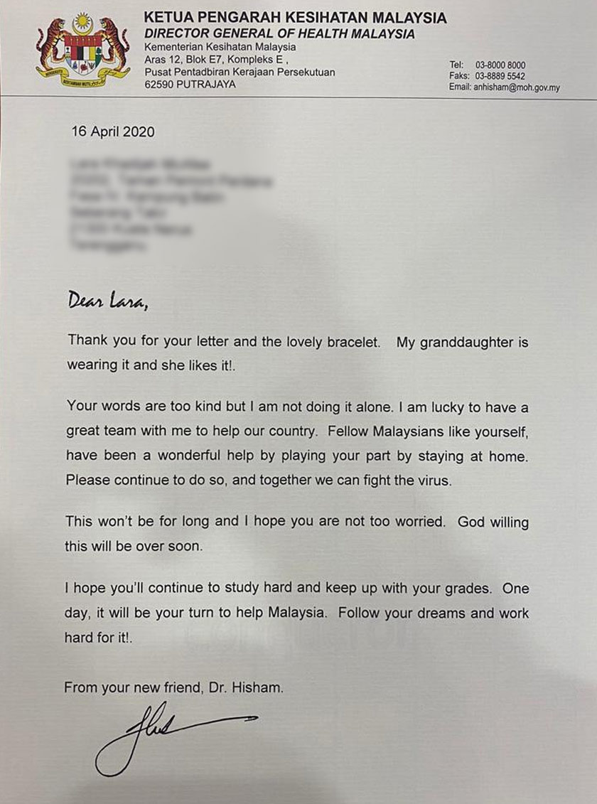 Dr Noor Hisham in his letter to Lara, advised her to study hard.