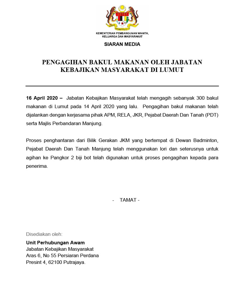 Jabatan Kebajikan Masyarakat mengesahkan telah mengagih sebanyak 300 bakul makanan di Lumut pada 14 April 2020 yang lalu.  