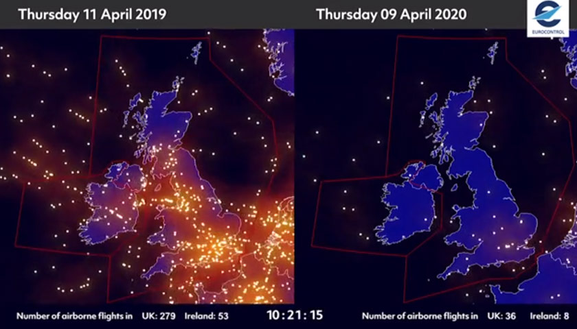 Rakaman tersebut menyiarkan perbandingan antara aliran trafik penerbangan pada 2019 dengan tahun ini. - Gambar AP