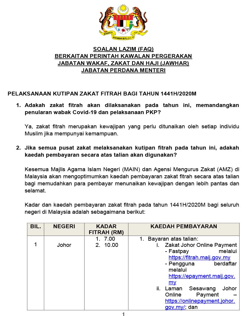 Kadar dan kaedah pembayaran zakat fitrah pada tahun 1441H/2020M bagi seluruh negeri di Malaysia.