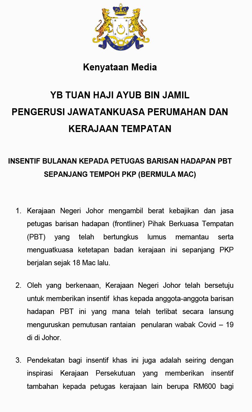 Kenyataan media insentif bulanan kepada petugas barisan hadapan PBT sepanjang PKP.