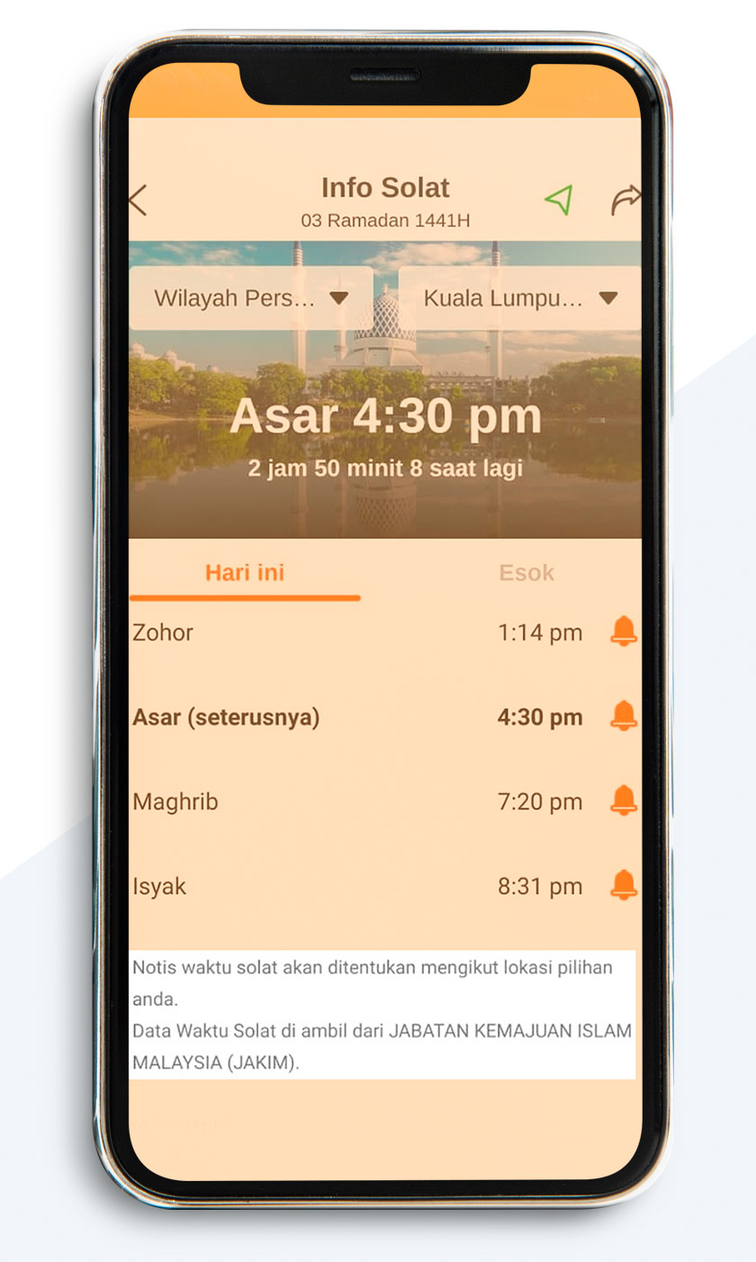 Waktu solat daripada Jabatan Kemajuan Islam Malaysia (Jakim)