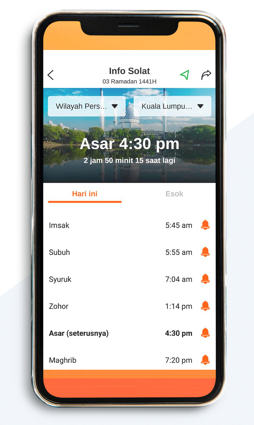Apabila tepat waktu solat, aplikasi itu akan memberi notifikasi memaklumkan sudah masuk waktu azan.