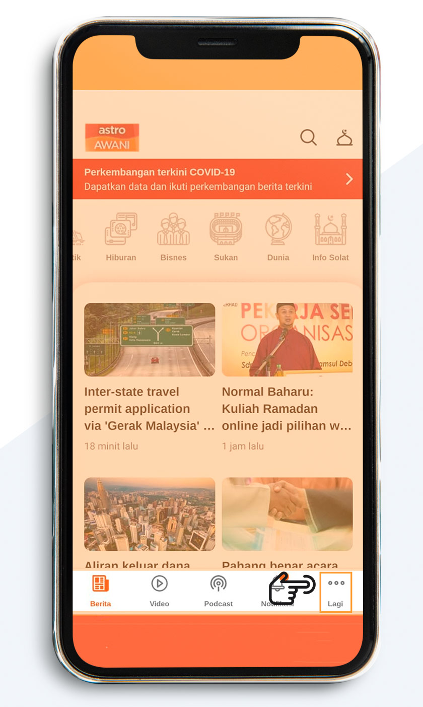 Tekan 'Lagi' untuk mendapatkan maklumat countdown dan notifikasi waktu solat.