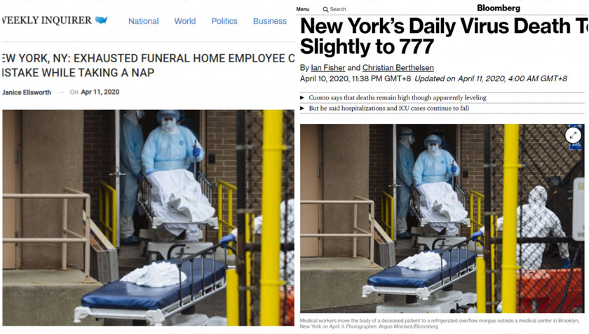 Perbandingan tangkapan skrin artikel Weekly Inquirer (kiri) dan artikel Bloomberg (kanan).