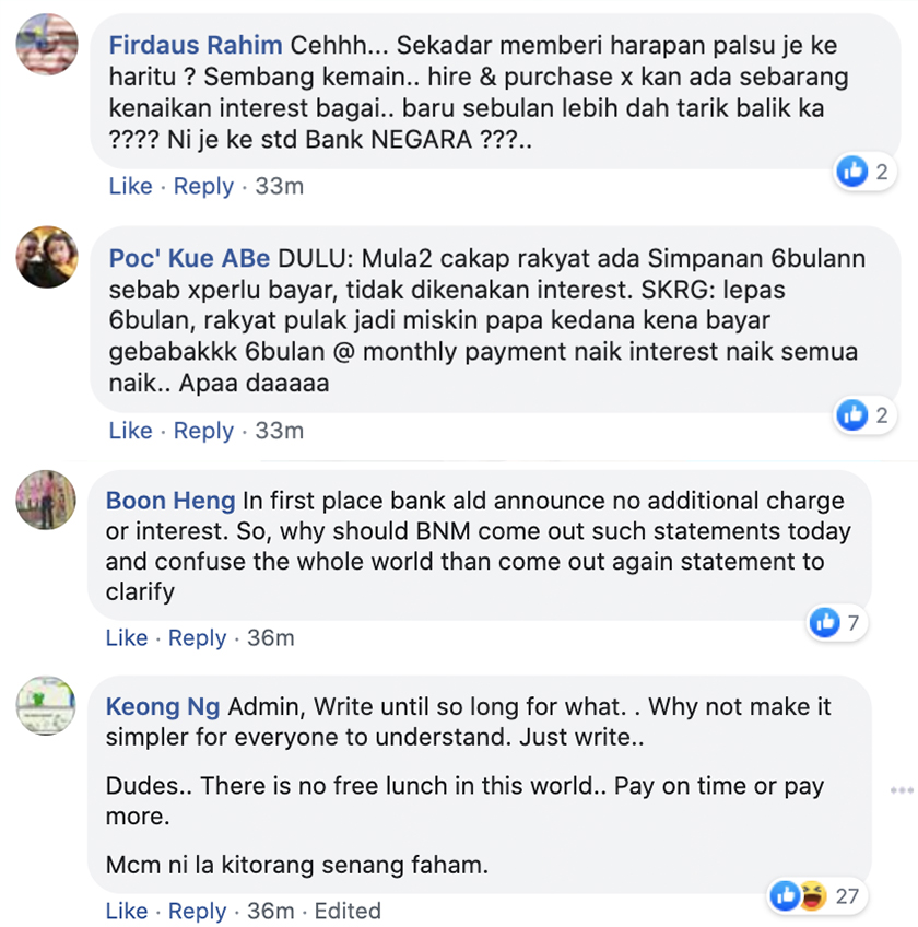 Ini antara komen netizen di Facebook Rasmi Bank Negara Malaysia